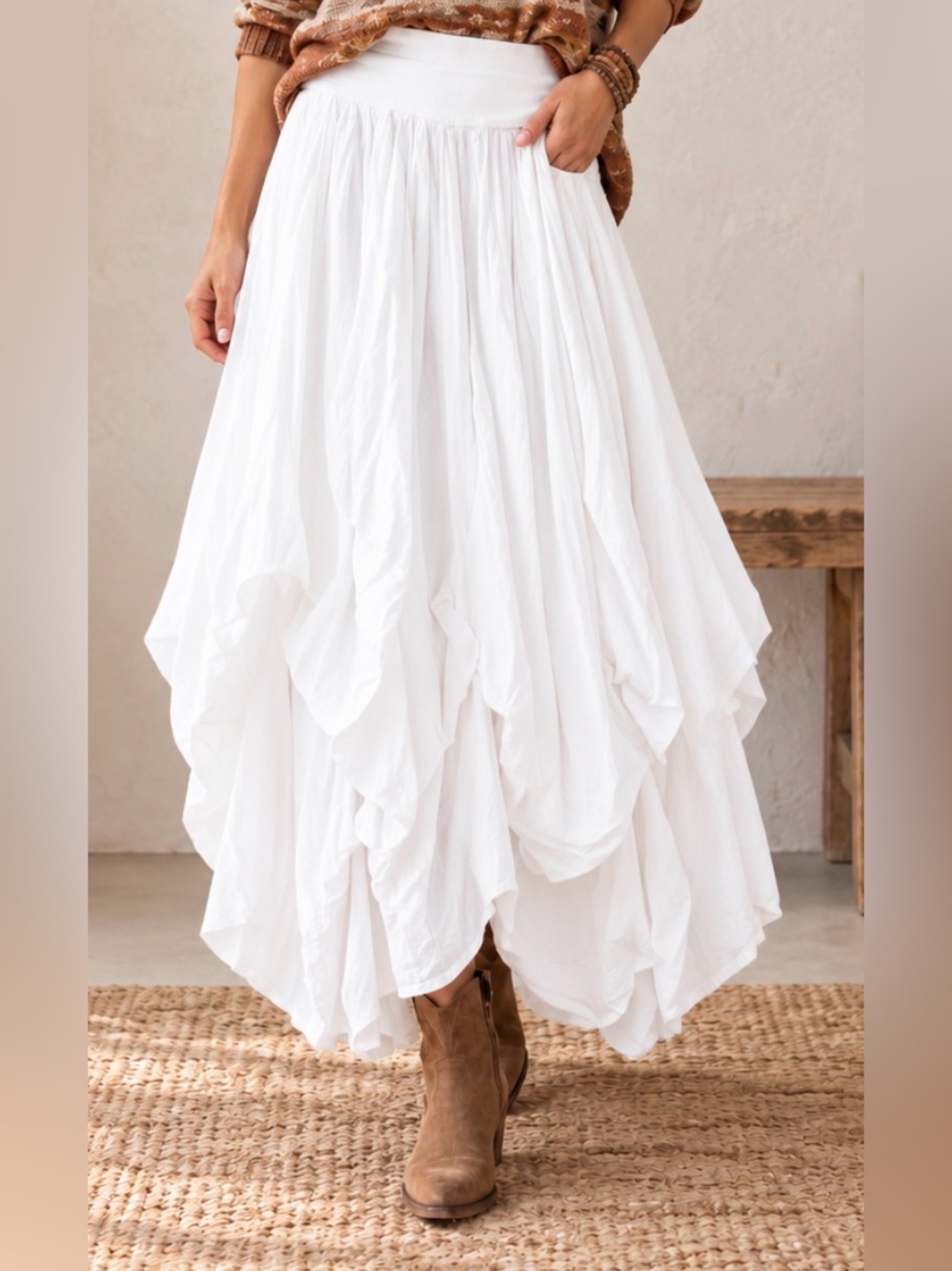 NWOT! Bohemian “Bubble”(gathered) 100% Cotton Maxi Skirt - MEDIUM, white